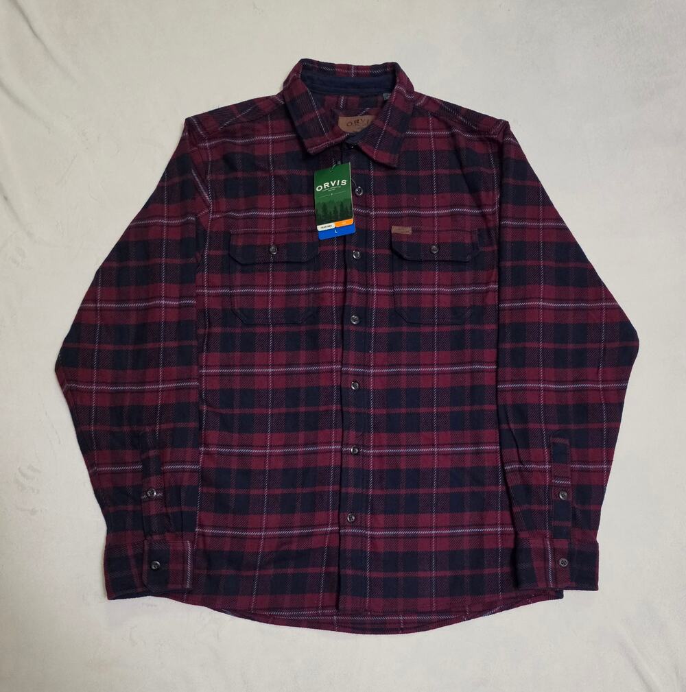 Orvis Men's Flannel Shirt Plaid Button Up Long Sleeve Maroon Navy Blue Size L